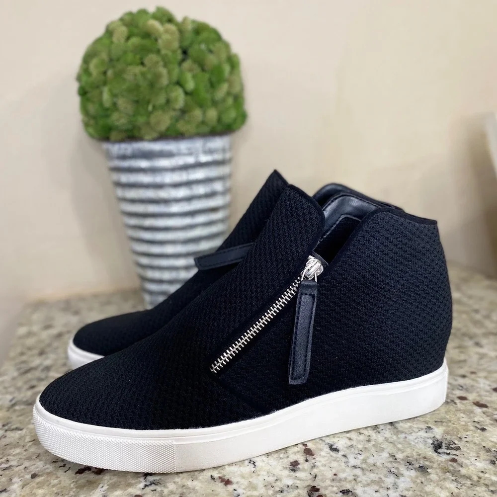 Steve Madden Black‎ Knit Hidden Wedge High Top Sneakers Side Zip Womens